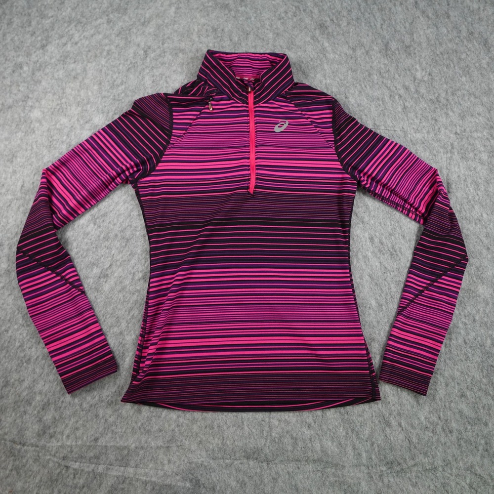 Asics Top Women Small Pink Striped 1/4 Zip Mock Neck Long Sleeve‎ Pullover
